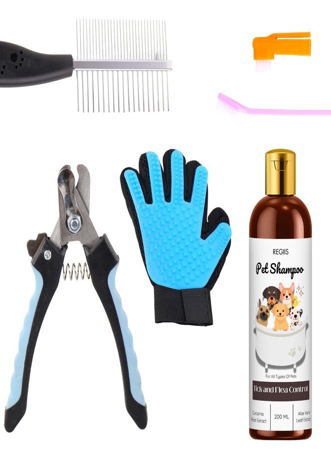 مجموعة ريجيس للعناية بالحيوانات الأليفة مع شامبو لمكافحة القراد والبراغيث، وقفاز لإزالة الشعر الزائد، ومقص أظافر، ومشط للكلاب والقطط، 200 مل (عبوة من 5 قطع) - Image 1